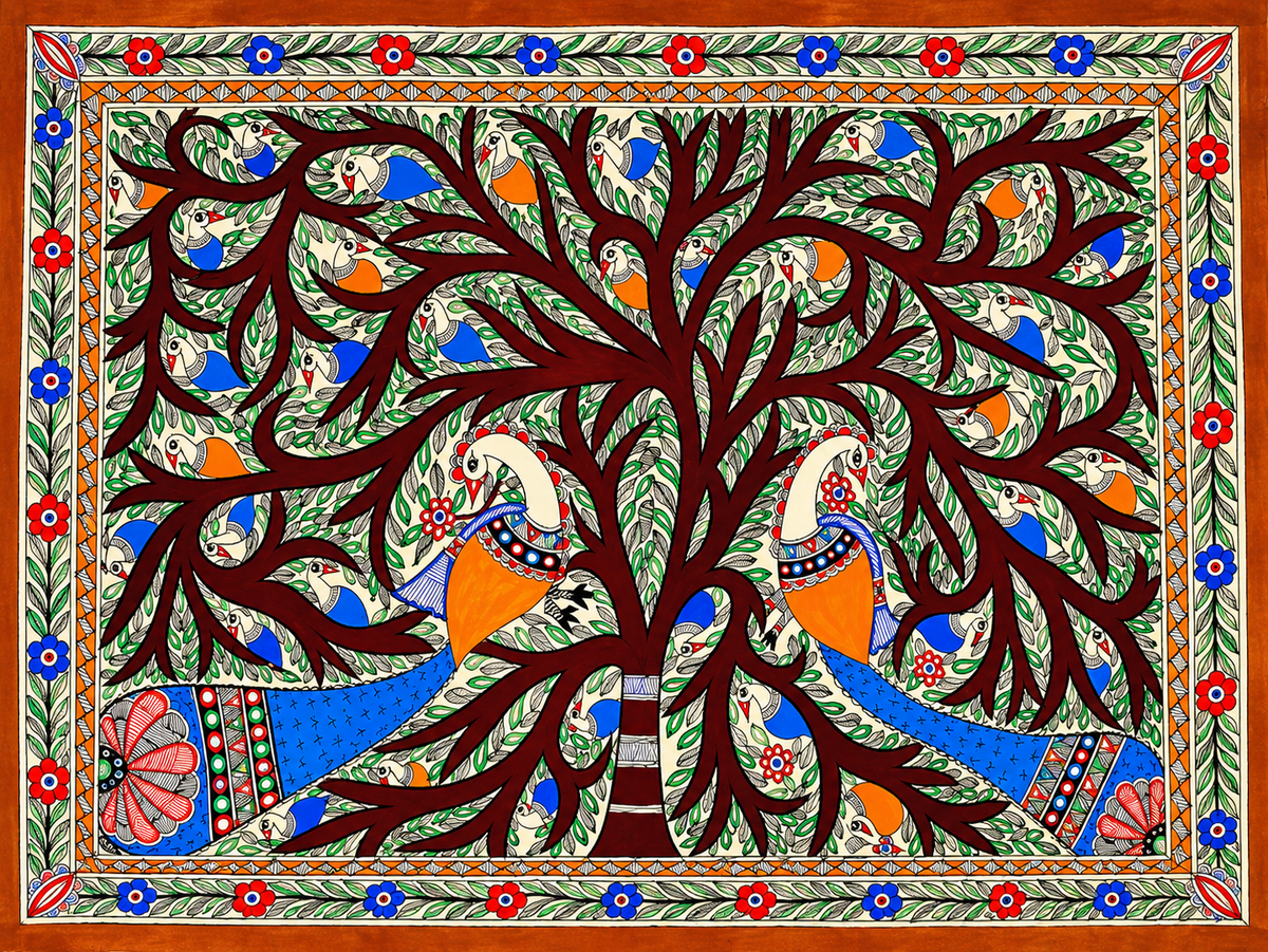 Colourful Peacocks On Tree Madhubani Painting