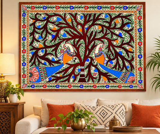Colourful Peacocks On Tree Madhubani Painting
