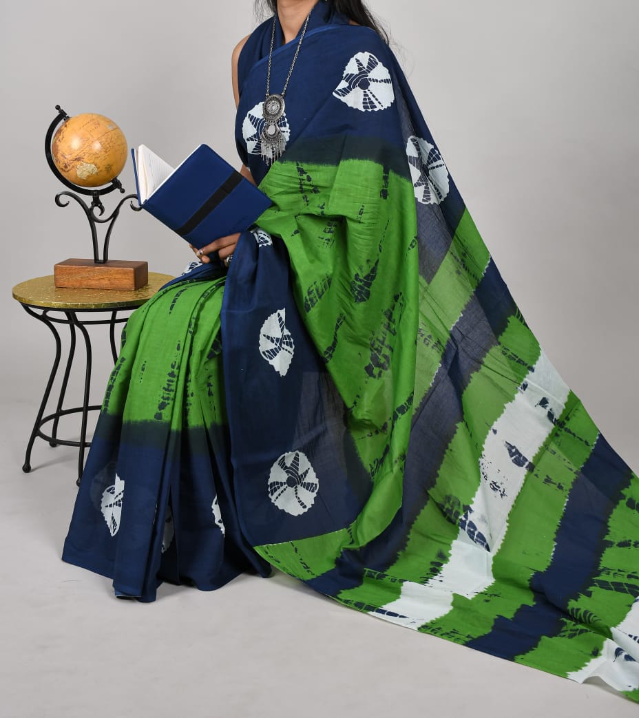 Bagru Natural Hand Block Print Cotton Mulmul Saree With Blouse Style 2