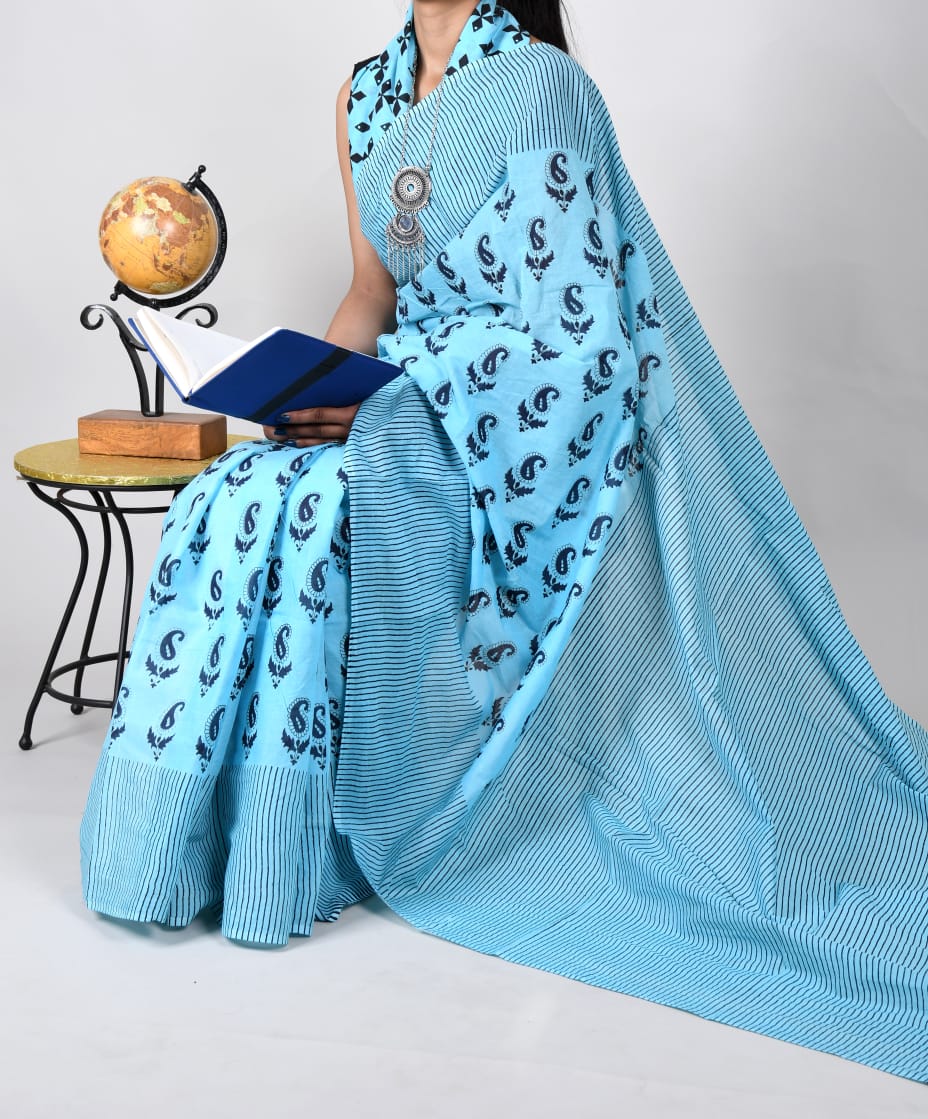 Bagru Natural Hand Block Print Cotton Mulmul Saree With Blouse Style 5