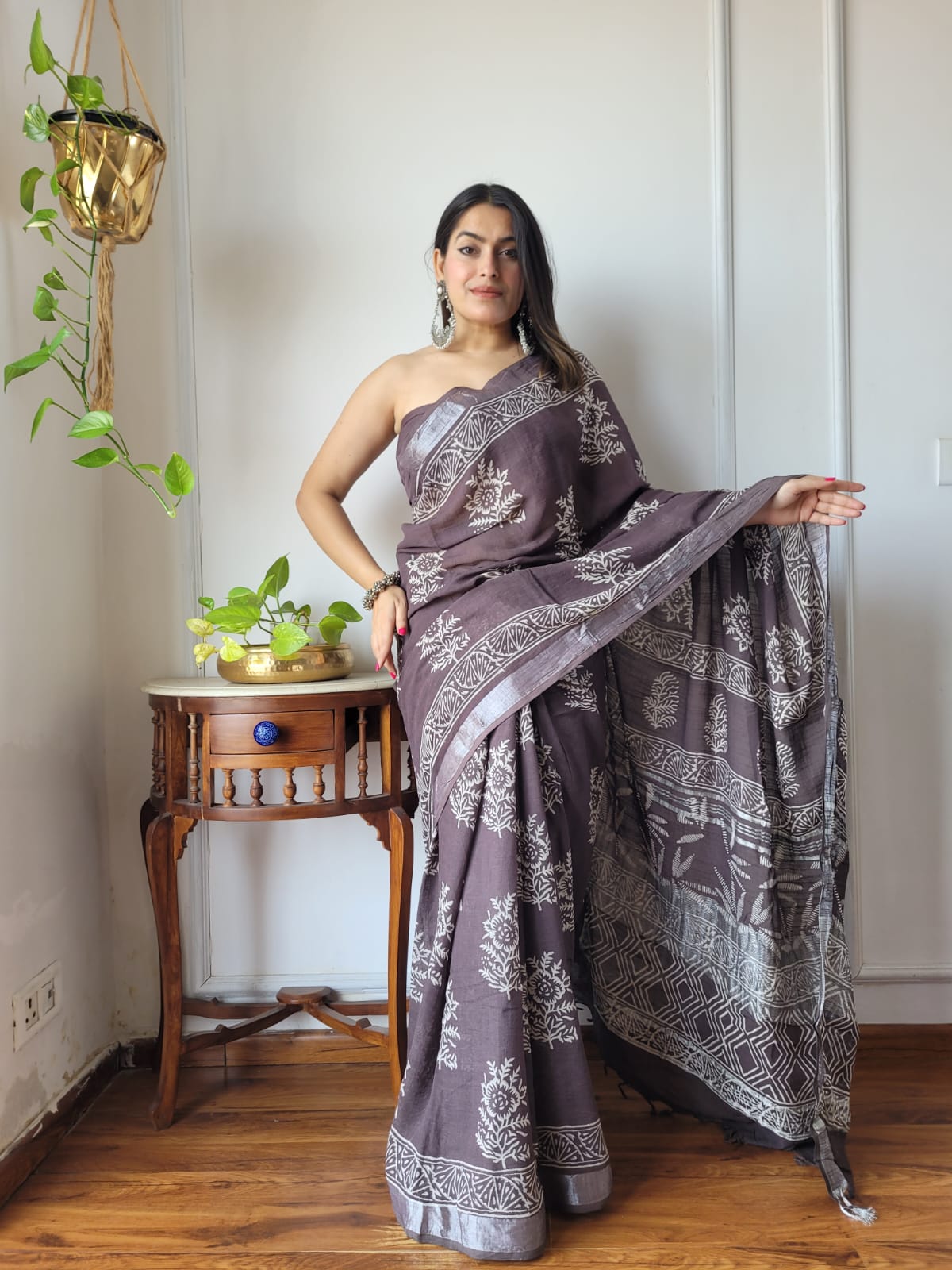 Bagru Hand Block Printed Linen Saree With Blouse