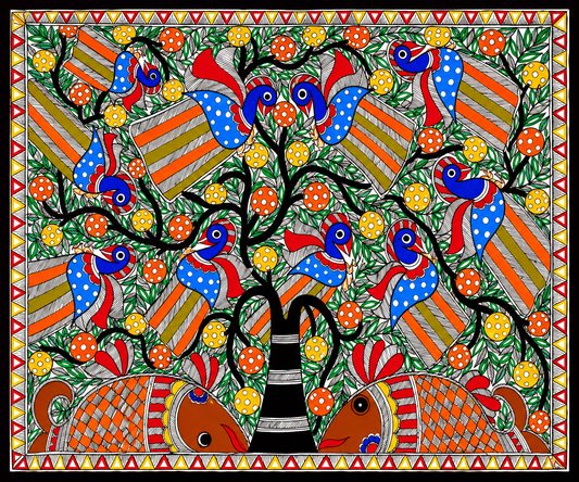 Beautiful Cluster Of Peacocks Madhubani Painting
