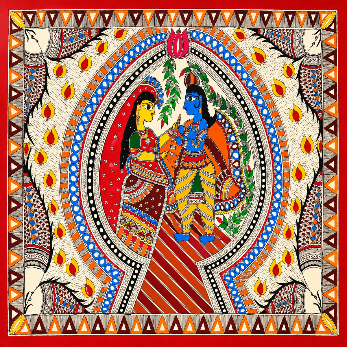 Krishna And Radha In Brindavan Madhubani Painting
