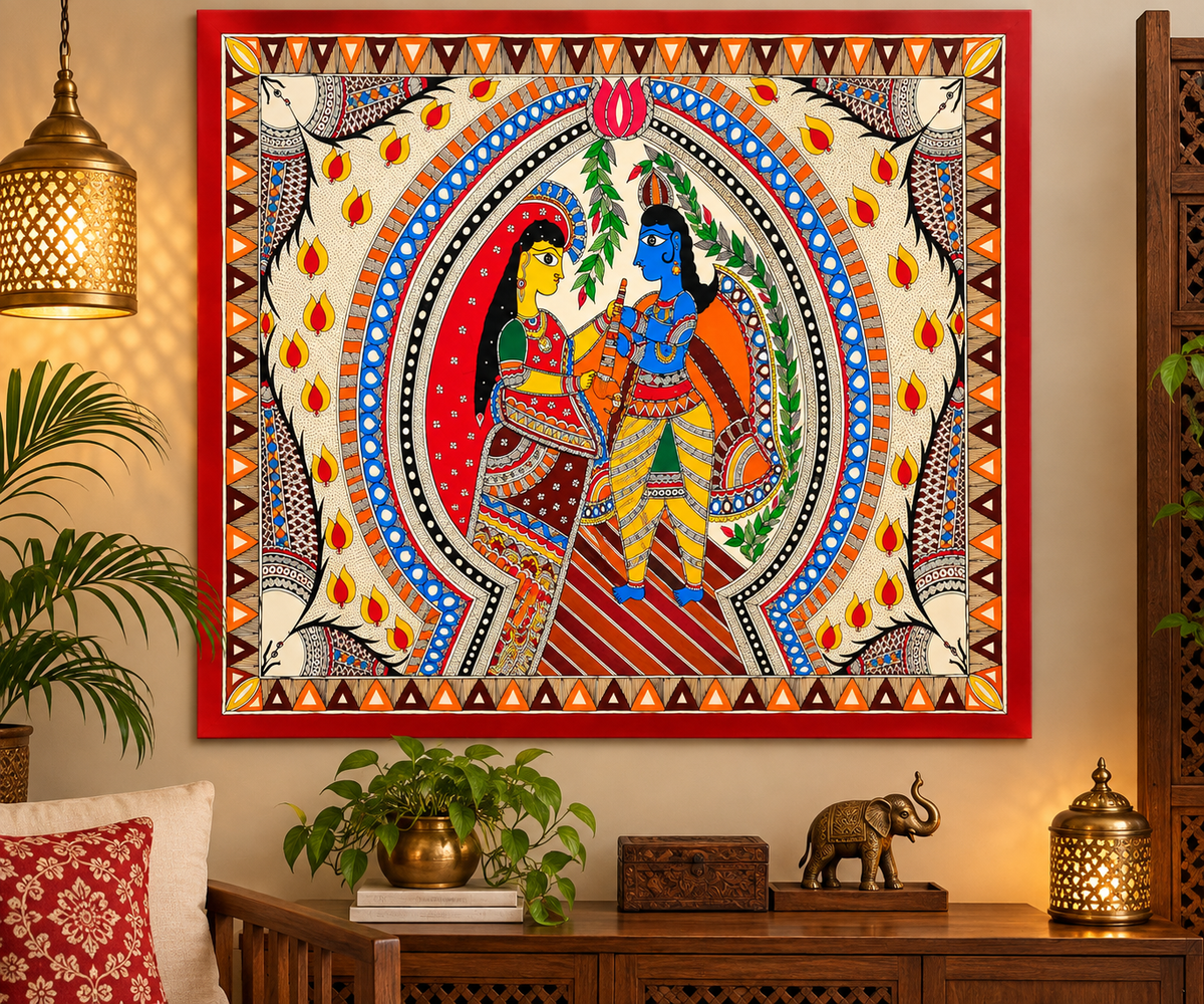 Krishna And Radha In Brindavan Madhubani Painting