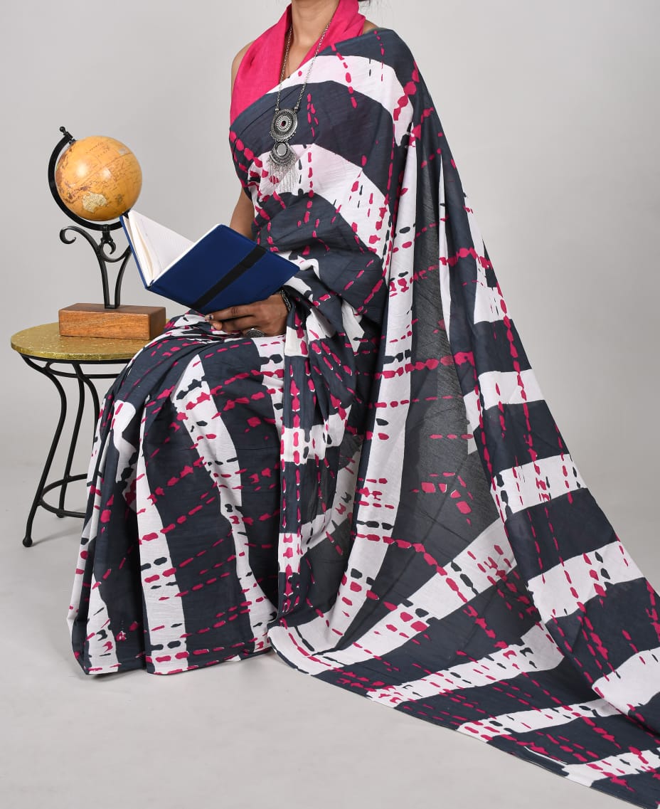 Bagru Natural Hand Block Print Cotton Mulmul Saree With Blouse Style 2