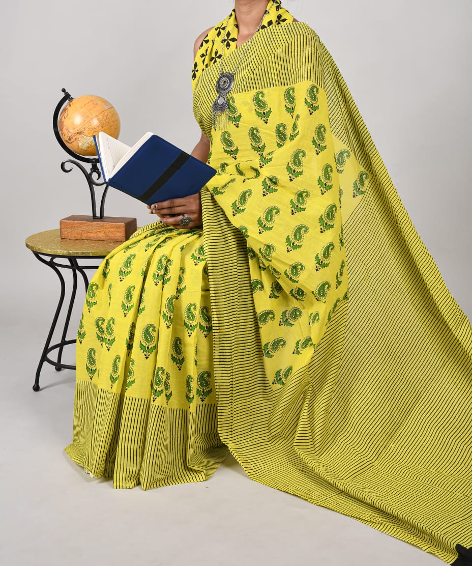 Bagru Natural Hand Block Print Cotton Mulmul Saree With Blouse Style 2