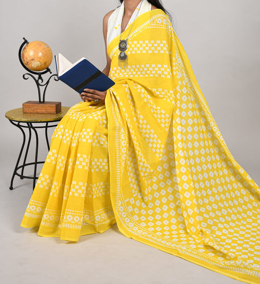 Bagru Natural Hand Block Print Cotton Mulmul Saree With Blouse Style 6