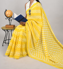 Bagru Natural Hand Block Print Cotton Mulmul Saree With Blouse Style 6