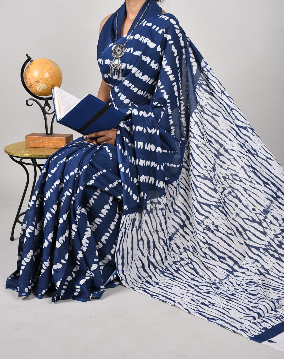 Bagru Natural Hand Block Print Cotton Mulmul Saree With Blouse Style 6