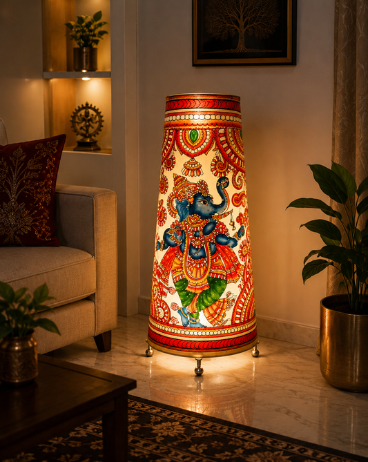 Andhra Pradesh Leather Puppetry Floral Ganesha With Flute Decorative Showpiece Lamp