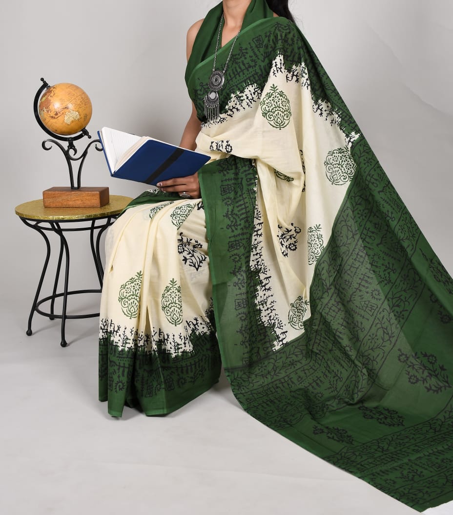Bagru Natural Hand Block Print Cotton Mulmul Saree With Blouse Style 6