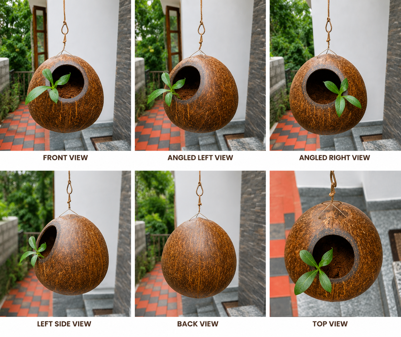 Handmade Eco-Friendly Brass Broidered Coconut Shell Crafts Of Kerala Flower Hanging Pot Set of 2