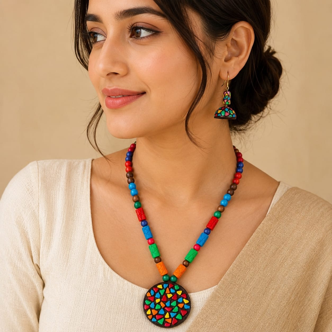 Multi-color Bankura Panchmura Terracotta Craft Necklace Jewellery Set