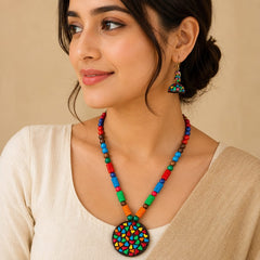 Multi-color Bankura Panchmura Terracotta Craft Necklace Jewellery Set