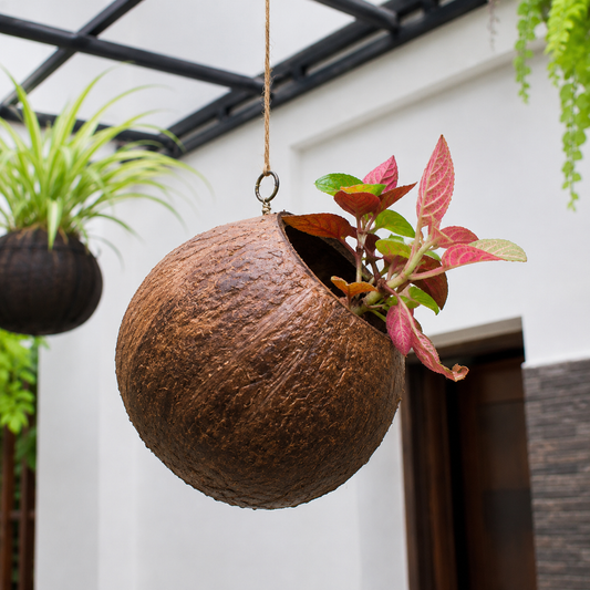 Eco-Friendly Handmade Flower Hanging Pot Brass Broidered Coconut Shell Crafts Of Kerala set of 2