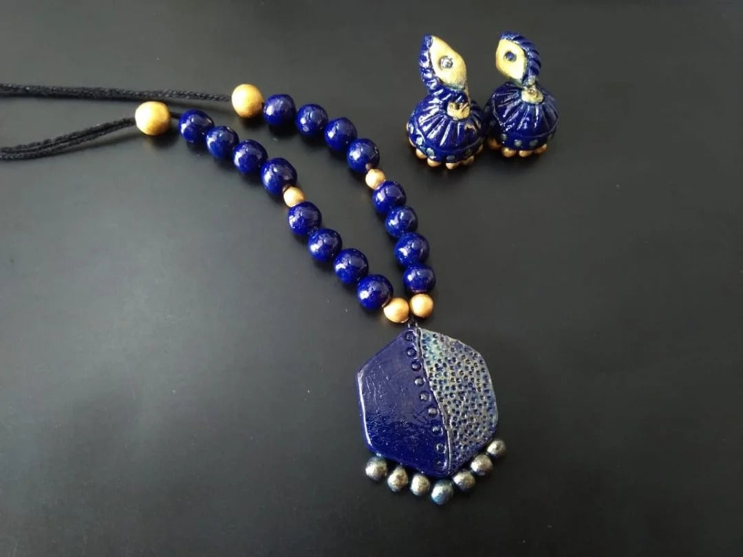 Handmade Molela Terracotta Clay Jewellery Set in Beautiful Blue Colour