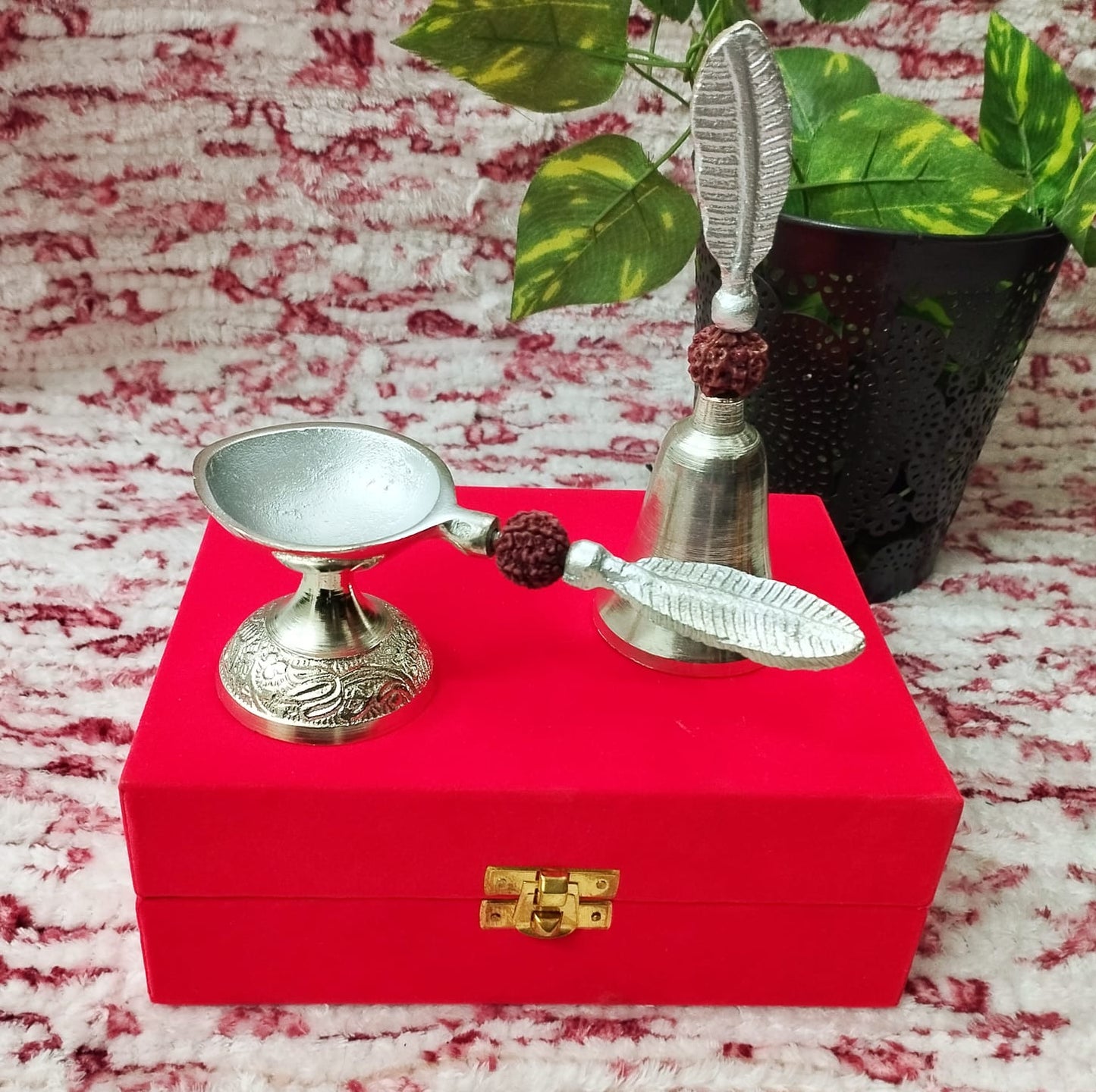 Brass Finish Red Gift Box 1 Bell 1 Diya
