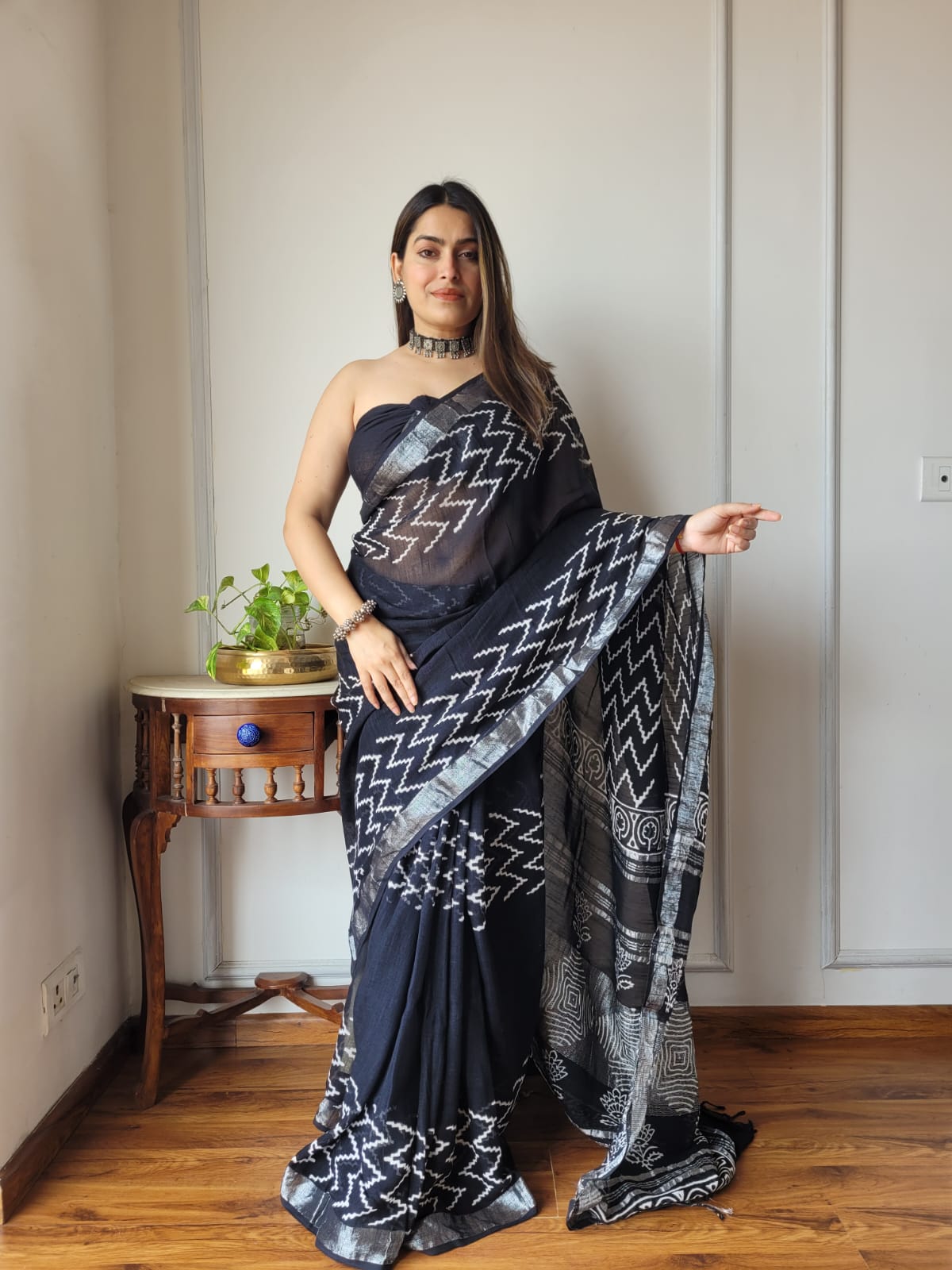 Bagru Hand Block Printed Linen Saree With Blouse