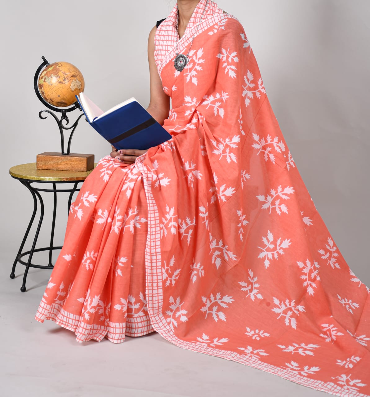 Bagru Natural Hand Block Print Cotton Mulmul Saree With Blouse Style 5
