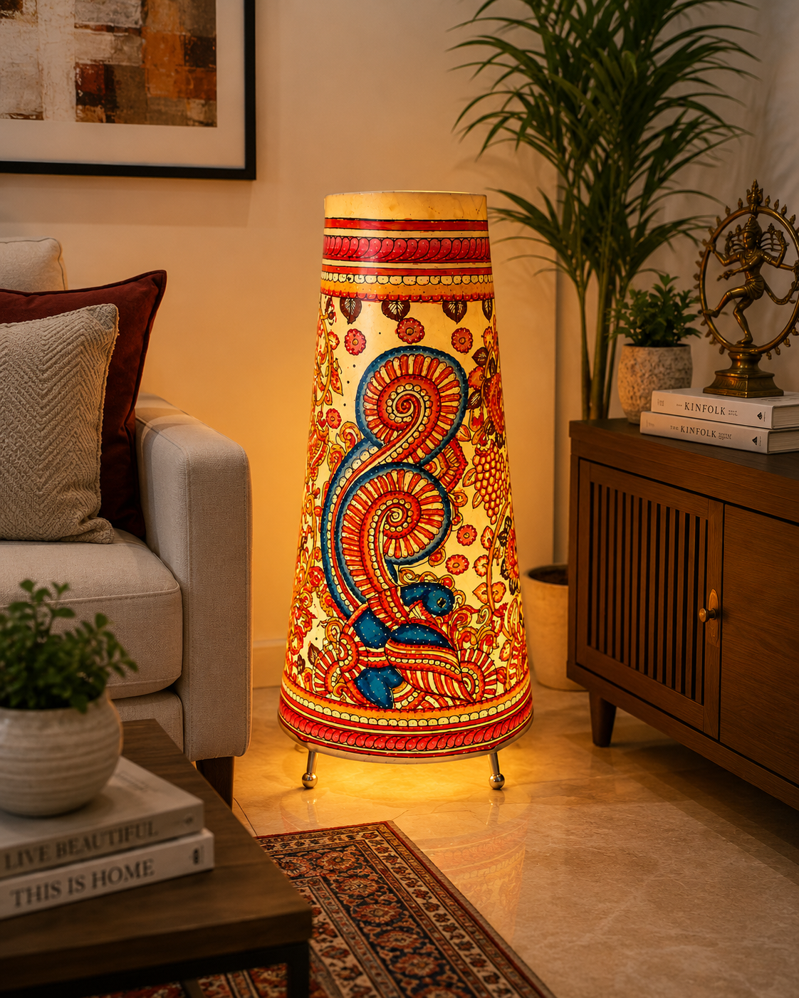 Andhra Pradesh Leather Puppetry Peacock Printed Decorative Showpiece Lamp