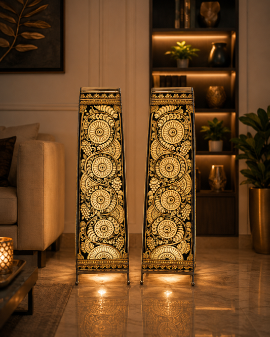Andhra Pradesh Leather Puppetry Floral Printed Designer Decorative Showpiece Lamp (Set of 2)