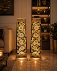 Andhra Pradesh Leather Puppetry Floral Printed Designer Decorative Showpiece Lamp (Set of 2)