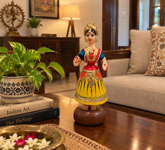 Tanjavur Dancing Doll : 11 Inch, Yellow-Orange-Dark Blue
