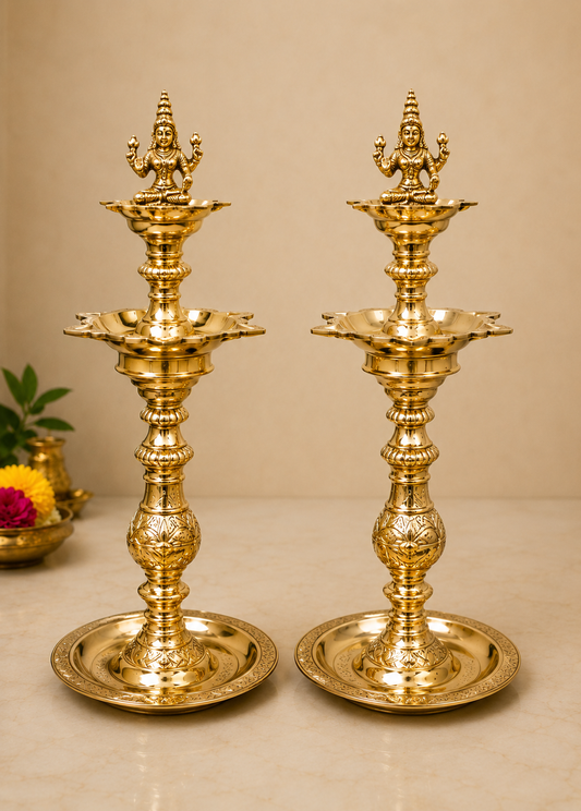 Nachiarkoil Brass Lamp with Goddess Lakshmi- 16 Inches -Set of 2
