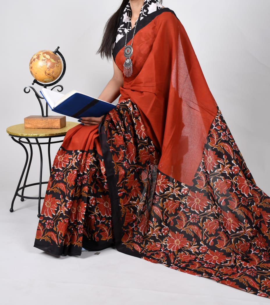 Bagru Natural Hand Block Print Cotton Mulmul Saree With Blouse Style 6