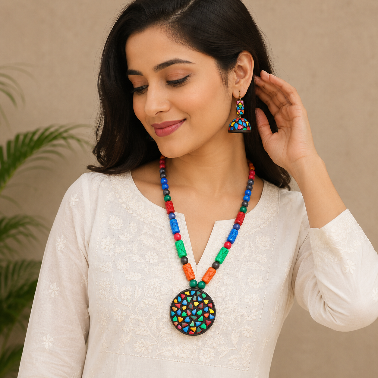 Multi-color Bankura Panchmura Terracotta Craft Necklace Jewellery Set