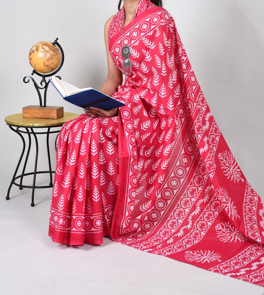 Bagru Natural Hand Block Print Cotton Mulmul Saree With Blouse Style 7