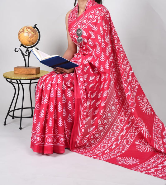 Bagru Natural Hand Block Print Cotton Mulmul Saree With Blouse Style 7