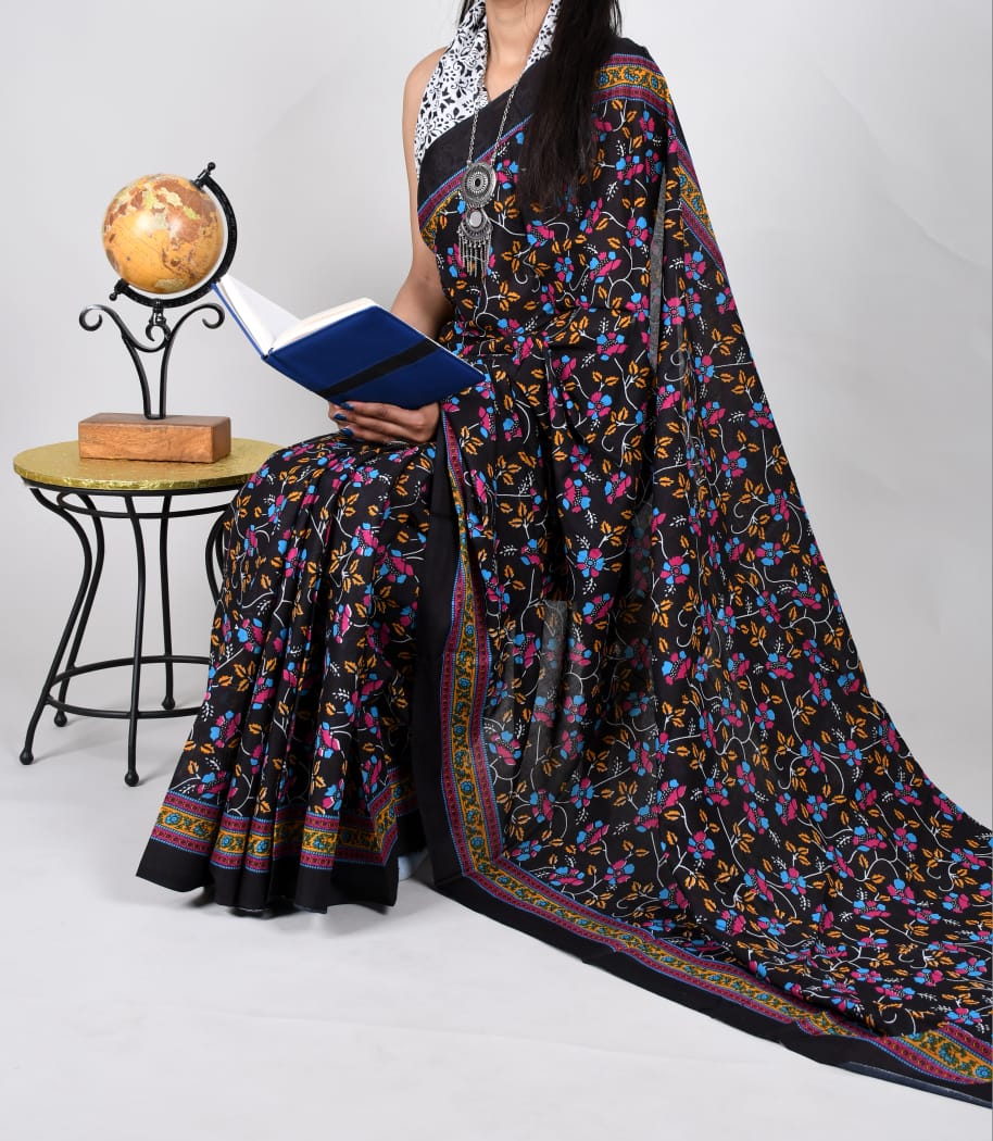 Bagru Natural Hand Block Print Cotton Mulmul Saree With Blouse Style 7
