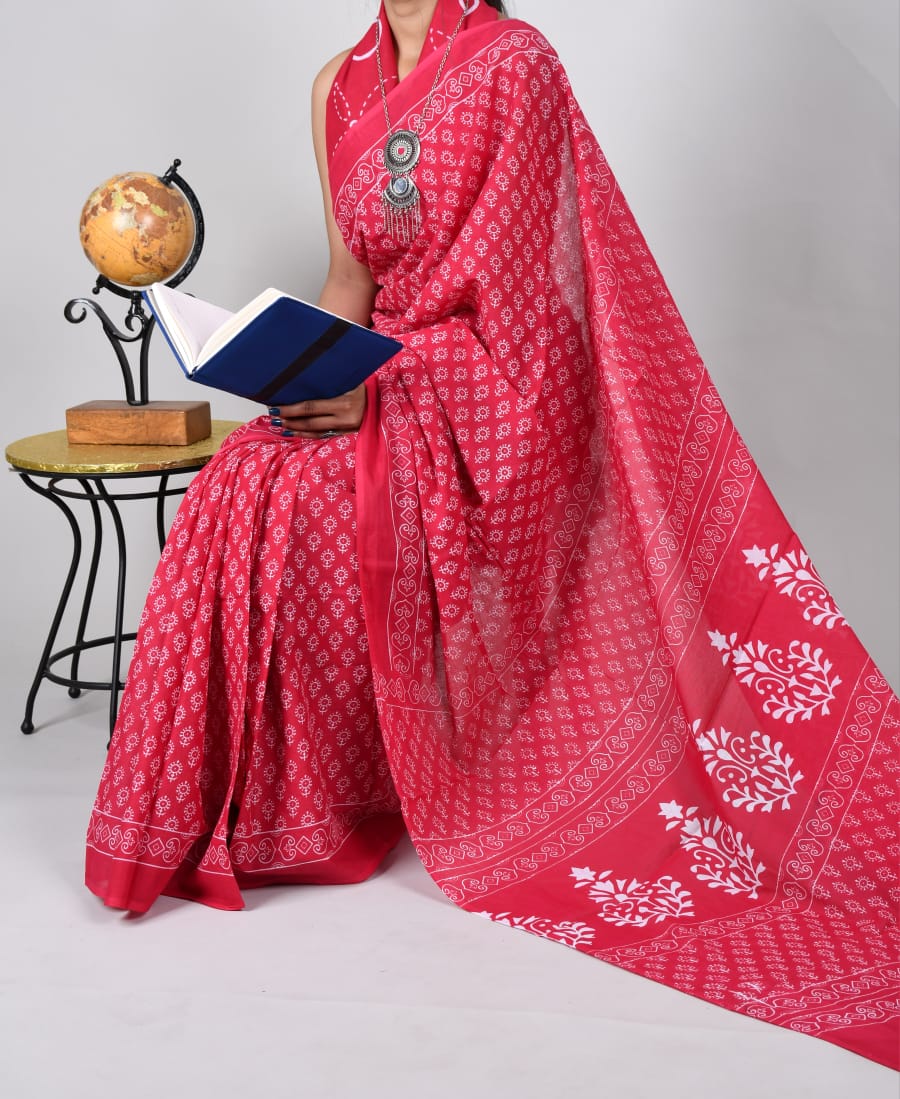 Bagru Natural Hand Block Print Cotton Mulmul Saree With Blouse Style 7