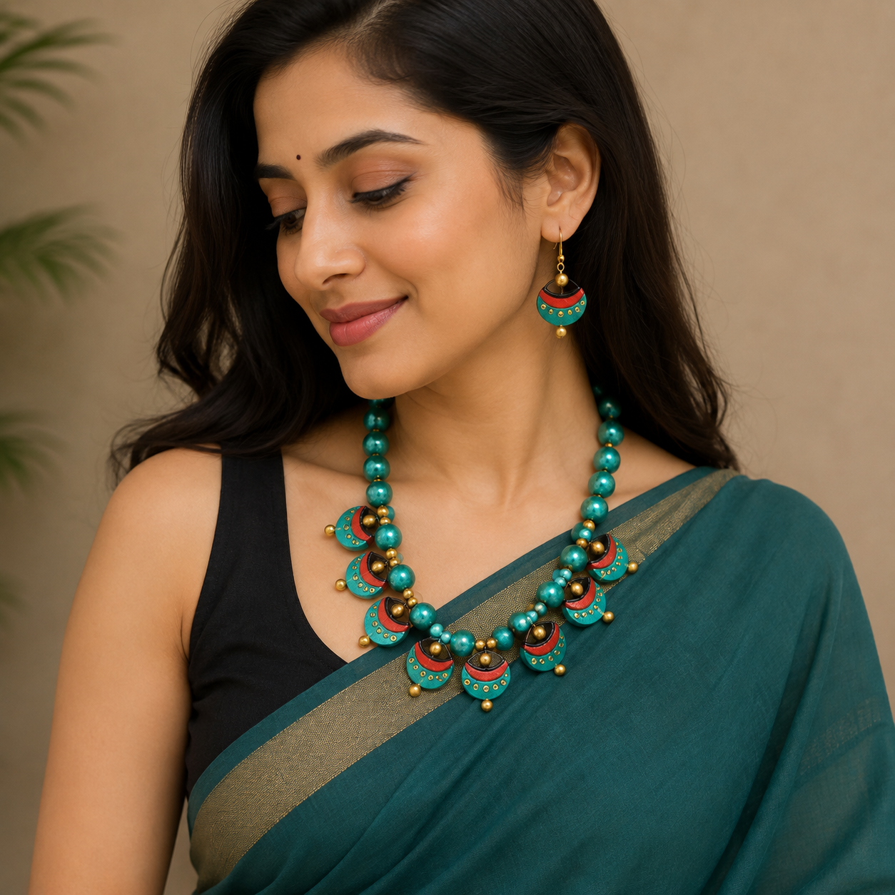 Handmade Molela Terracotta Clay Beautiful Jewellery Set in Sea Green colour