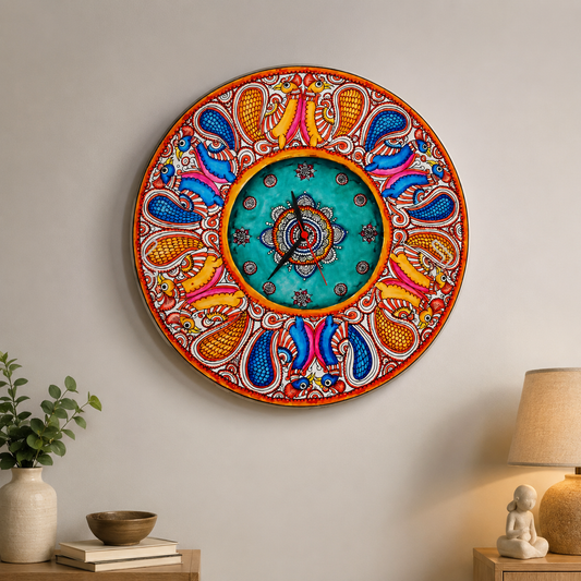 Leather Wall Clock With Colourful Hand Painted Peacock Design