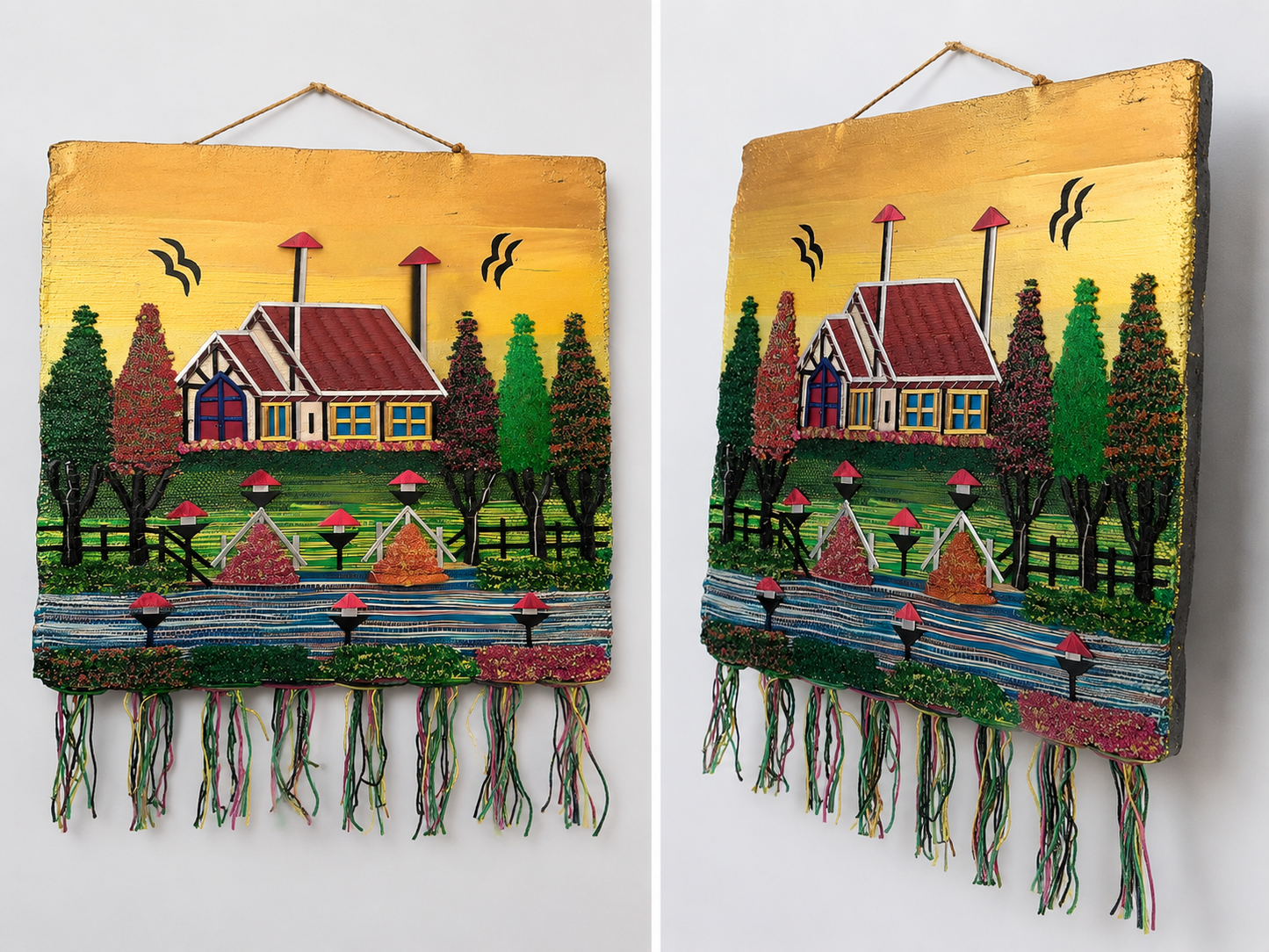 Jute Wall Hanging of Colourful House with Trees