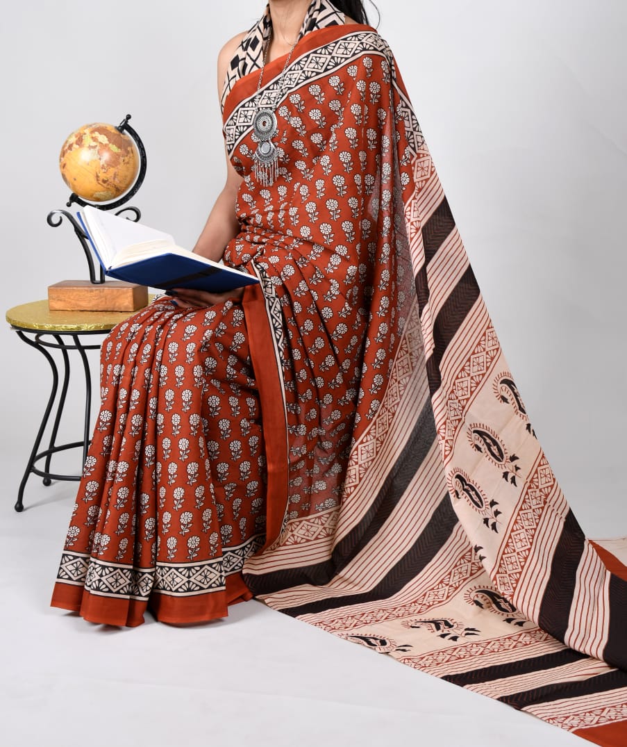 Bagru Natural Hand Block Print Cotton Mulmul Saree With Blouse Style 7