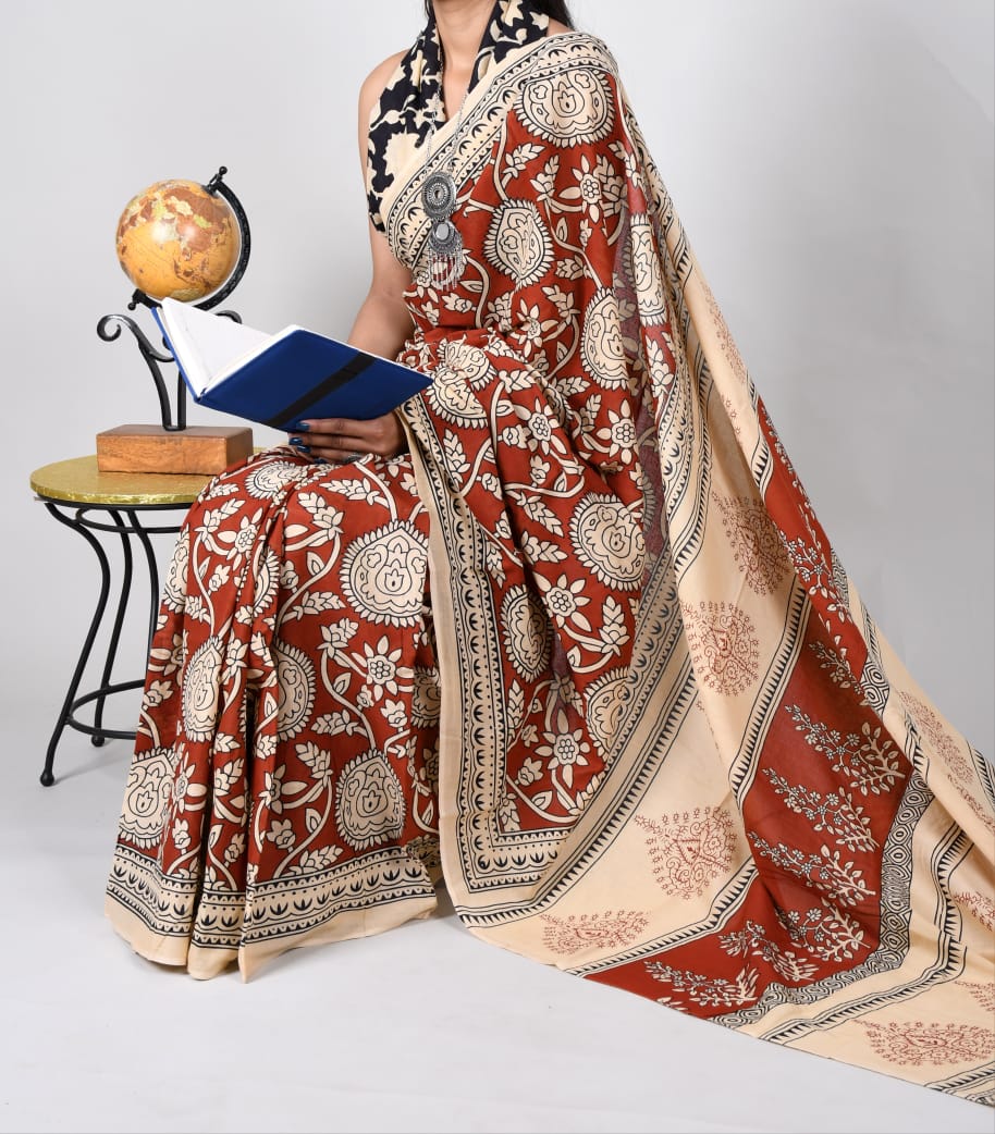 Bagru Natural Hand Block Print Cotton Mulmul Saree With Blouse Style 7