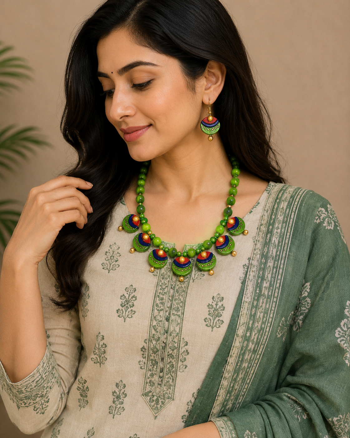 Handmade Molela Terracotta Clay Jewellery Set in Beautiful Light Green Colour