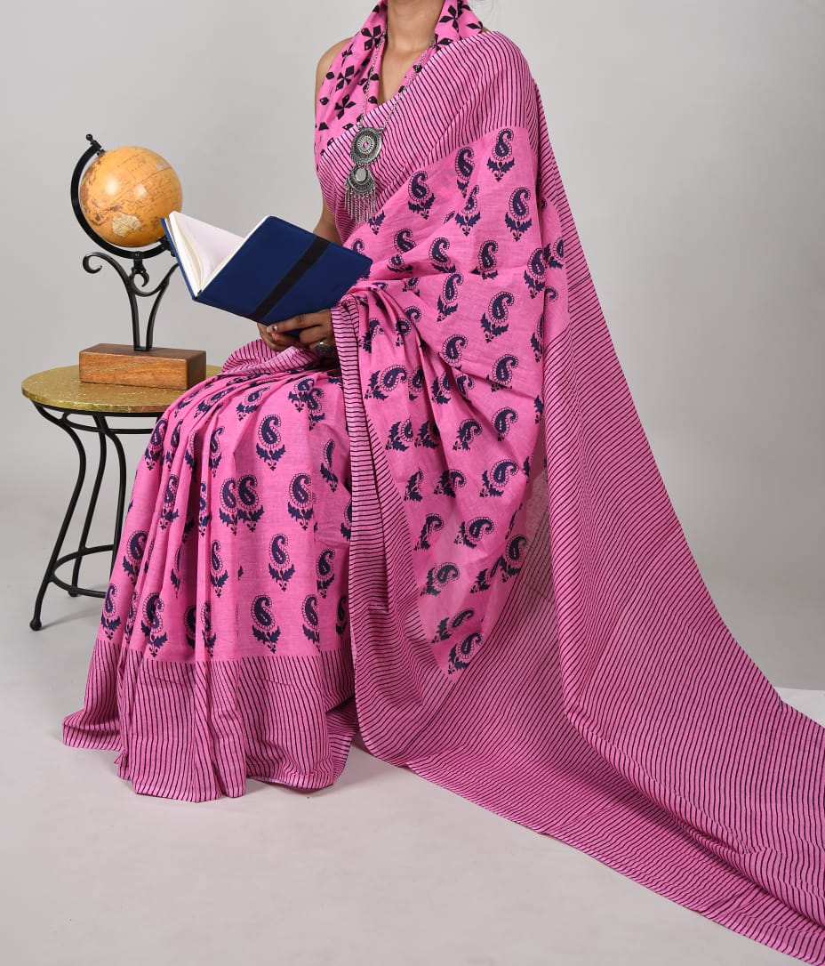 Bagru Natural Hand Block Print Cotton Mulmul Saree With Blouse Style 7