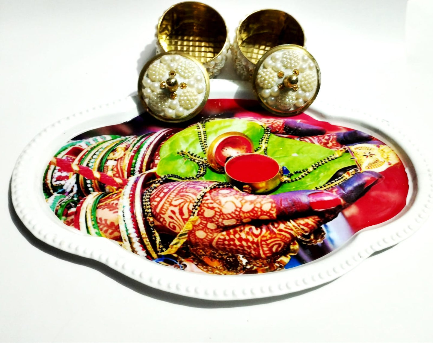 Beautiful Meena Work Tray Plus 2 Sindoor Box Brass And (Iron Made)