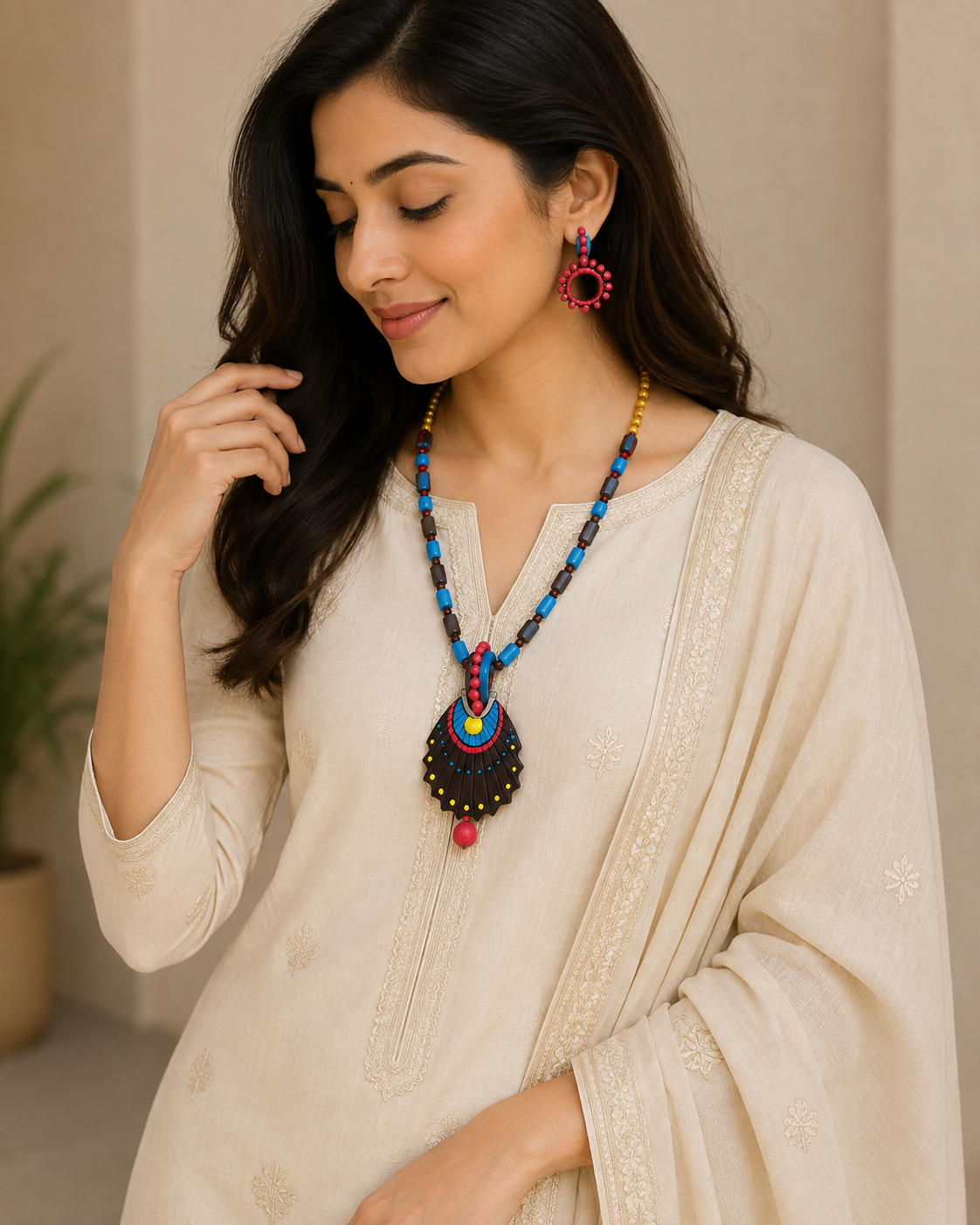 Multi-color Bankura Panchmura Terracotta Craft Necklace Jewellery Set