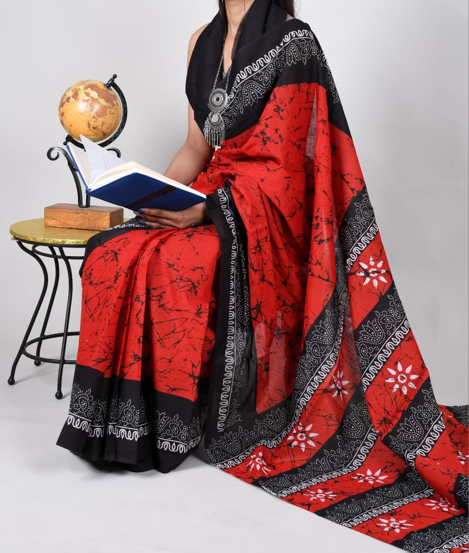 Bagru Natural Hand Block Print Cotton Mulmul Saree With Blouse Style 7