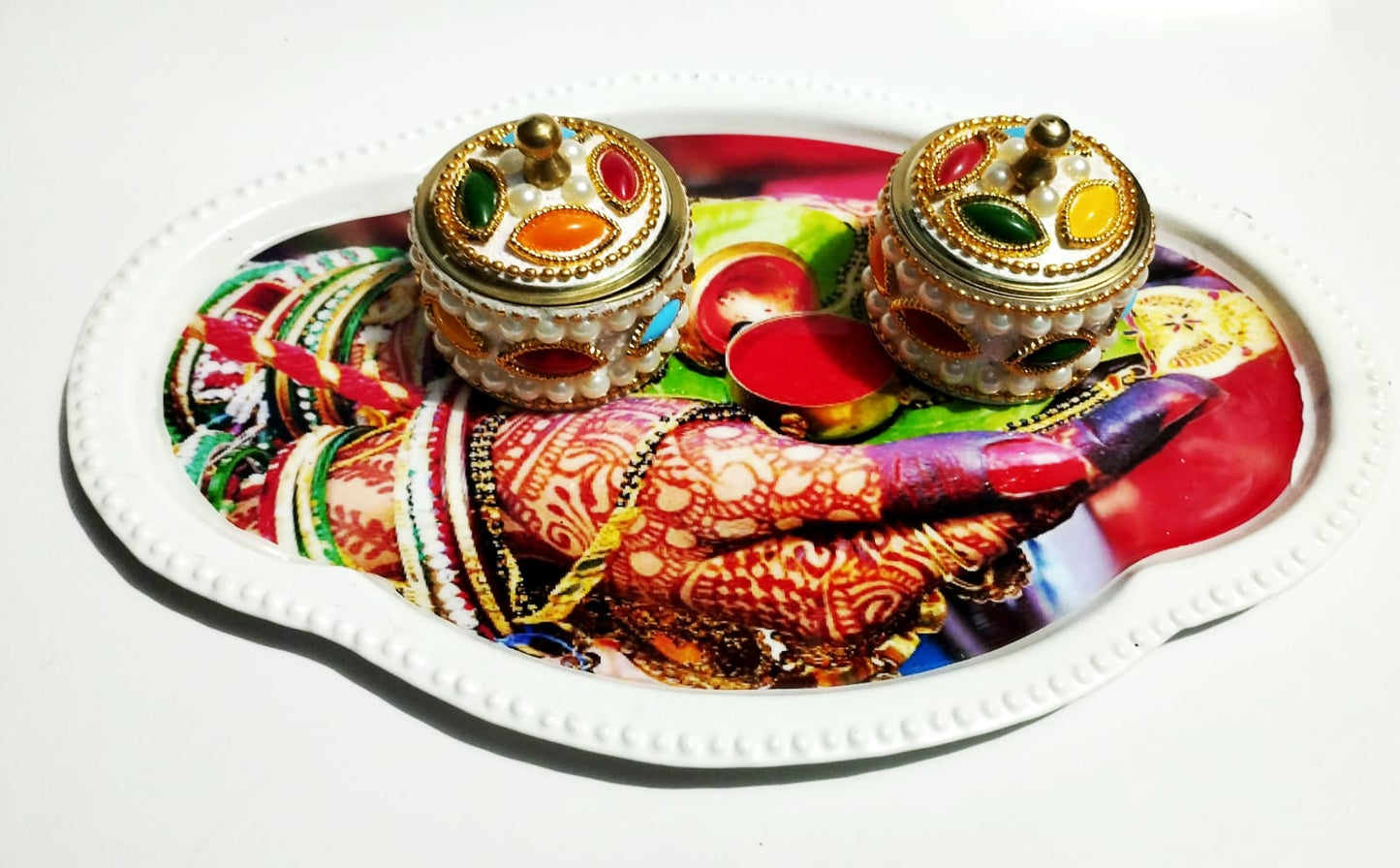 Beautiful Meena Work Tray Plus 2 Sindoor Box Brass And (Iron Made)