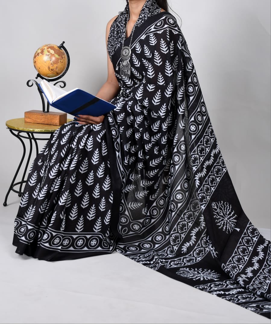 Bagru Natural Hand Block Print Cotton Mulmul Saree With Blouse Style 7