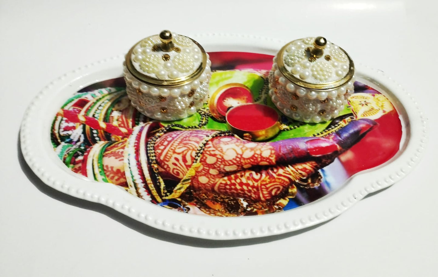 Beautiful Meena Work Tray Plus 2 Sindoor Box Brass And (Iron Made)