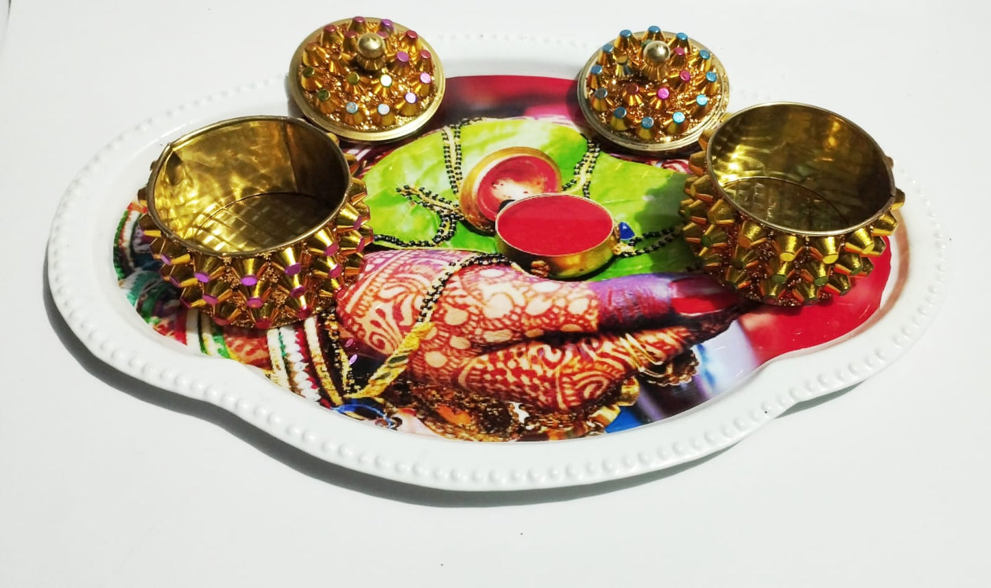 Beautiful Meena Work Tray Plus 2 Sindoor Box Brass And (Iron Made)