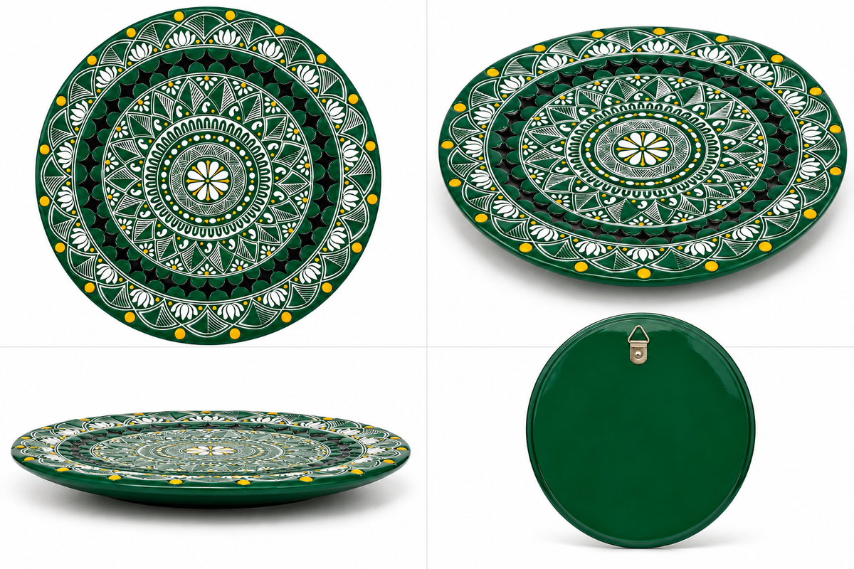 10" Round Floral Aipan Wall Art (Green)