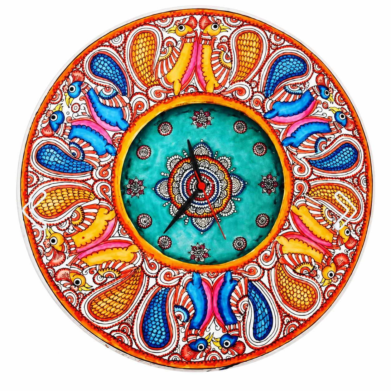 Leather Wall Clock With Colourful Hand Painted Peacock Design